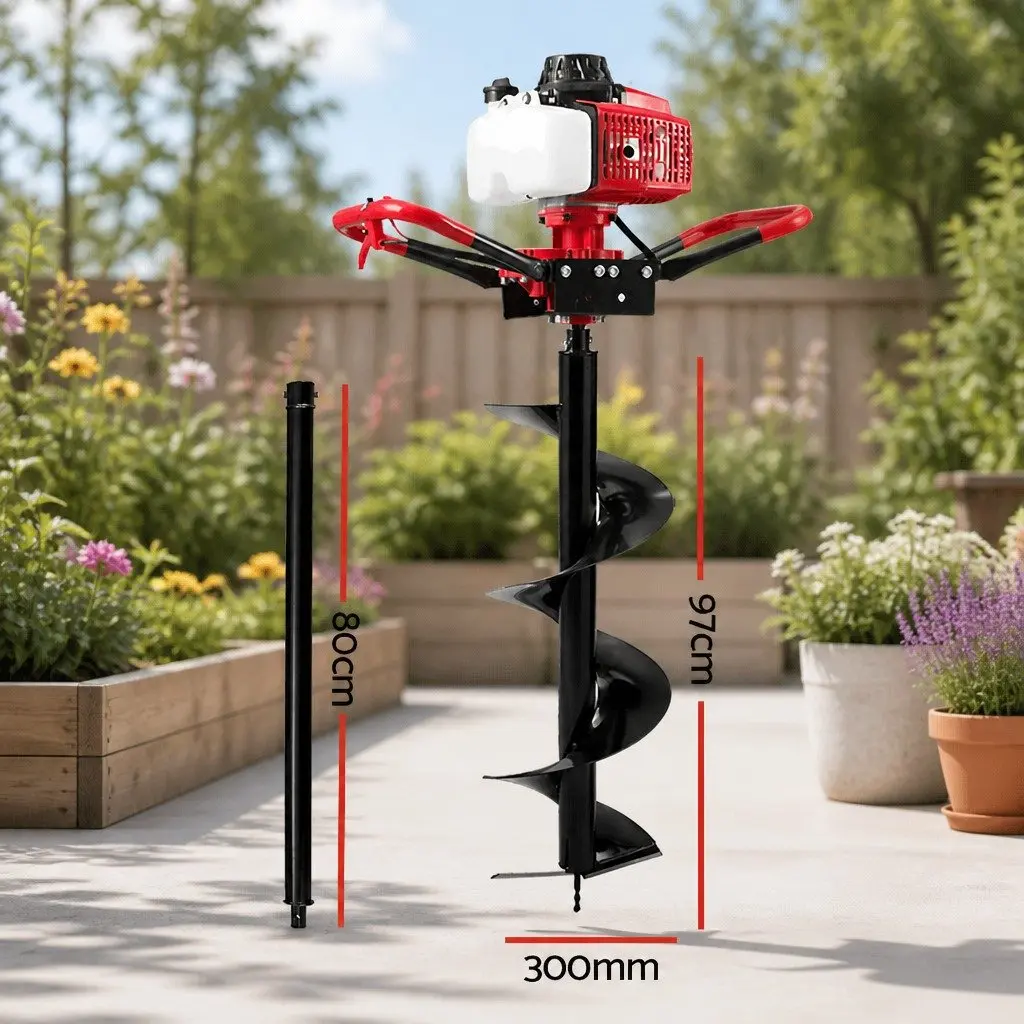 Post Hole Digger Petrol Engine 63cc 300mm Auger Red Black