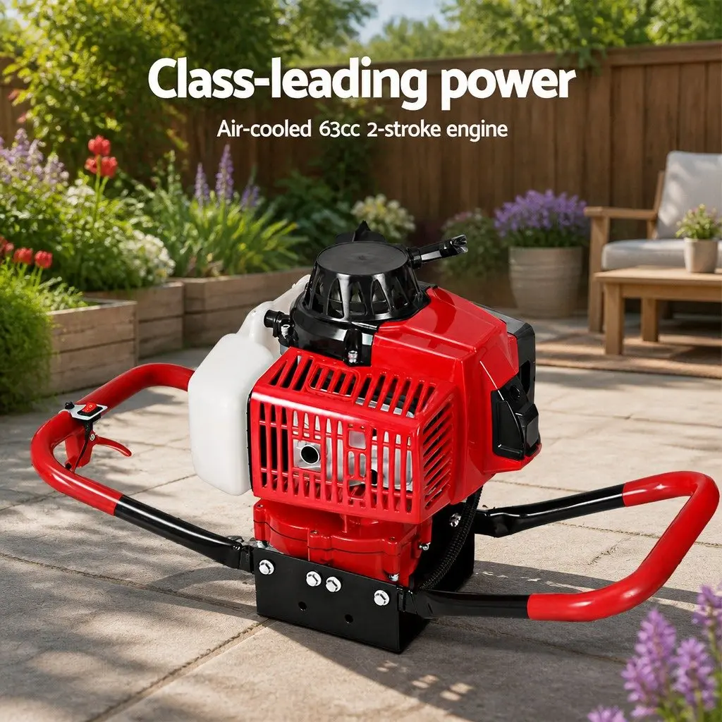 Post Hole Digger Petrol Engine 63cc 300mm Auger Red Black