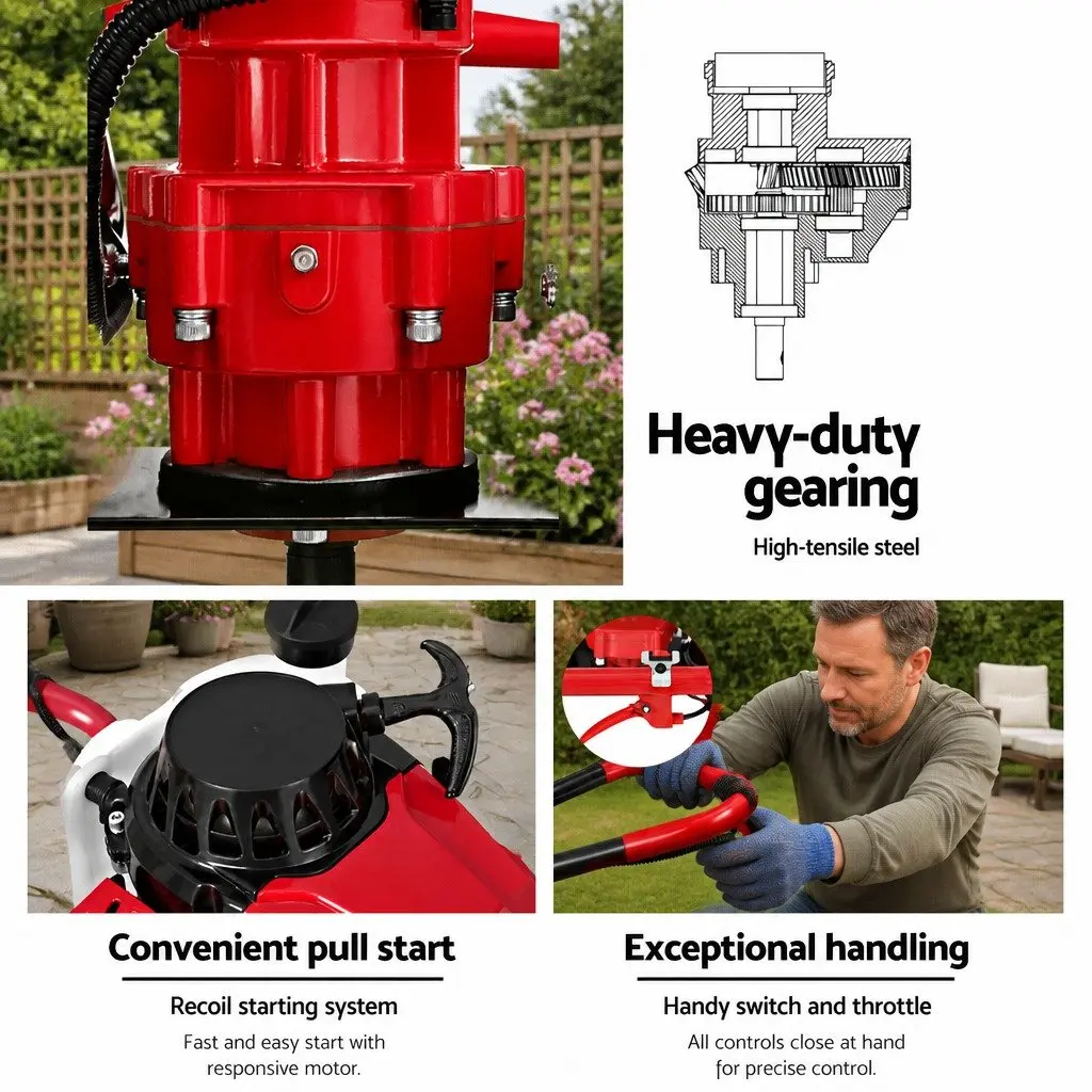 Post Hole Digger Petrol Engine 63cc 300mm Auger Red Black