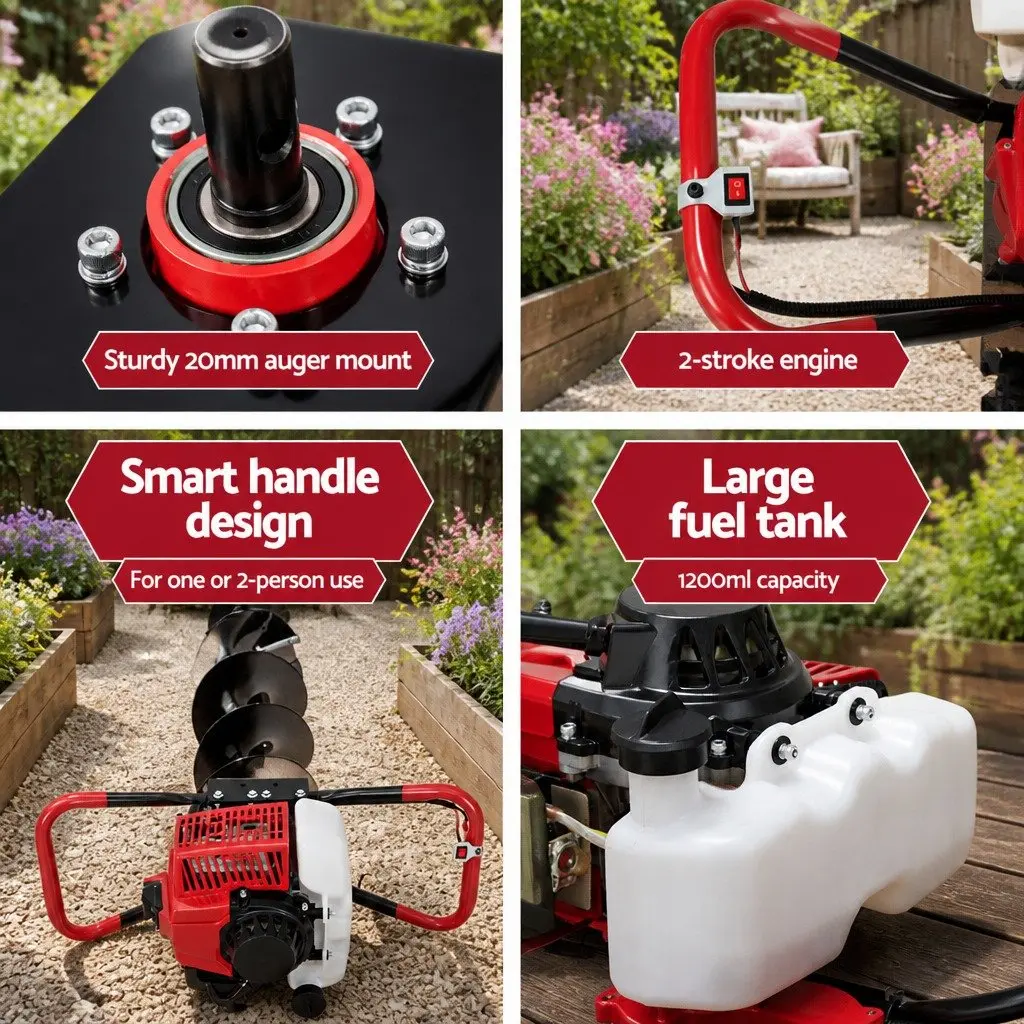 Post Hole Digger Petrol Engine 63cc 300mm Auger Red Black