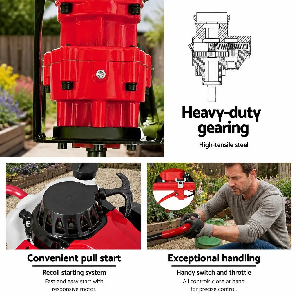 Post Hole Digger Petrol Engine Auger 63cc 2-Stroke Outdoor Power Equipment Red or Black