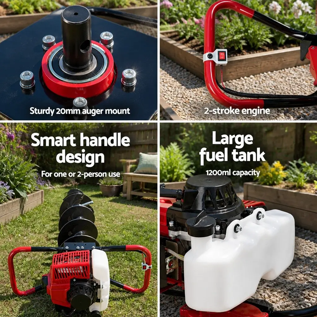 Post Hole Digger Petrol Engine Auger 63cc 2-Stroke Outdoor Power Equipment Red or Black