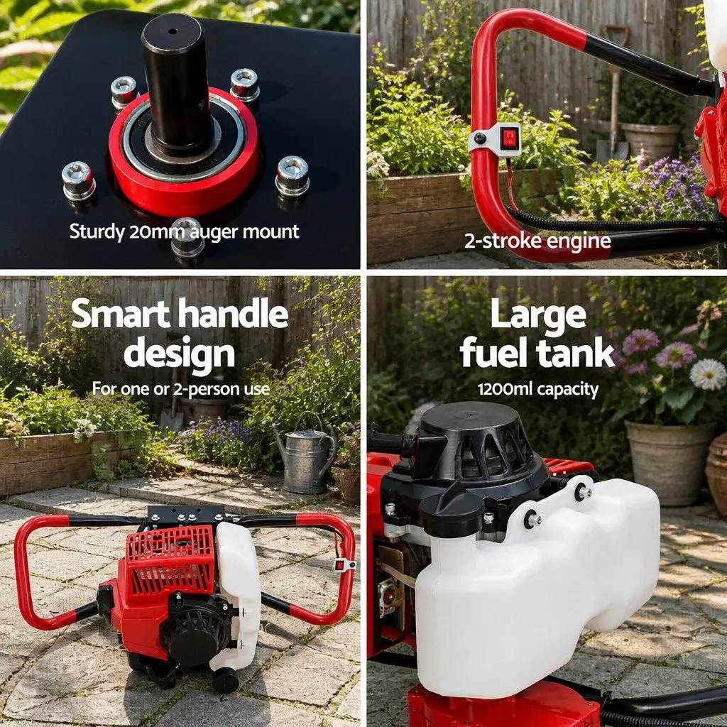 Post Hole Digger Engine Motor 63cc 2-Stroke Red Black