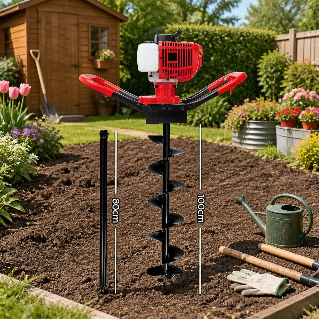 Post Hole Digger Petrol Powered Auger Drill 200mm Red Black