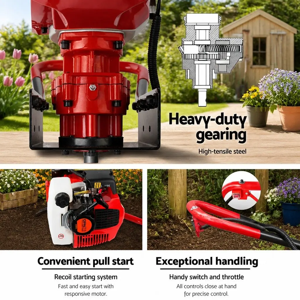 Post Hole Digger Petrol Powered Auger Drill 200mm Red Black