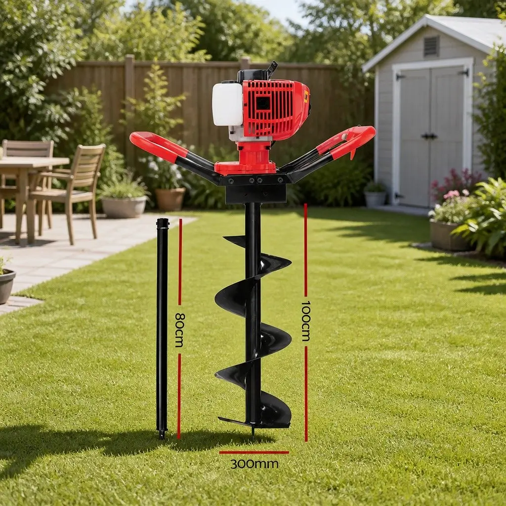 Post Hole Digger 65cc Petrol Earth Auger 300mm Red and Black