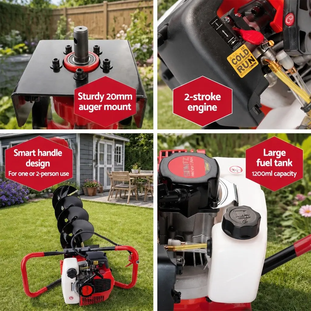 Post Hole Digger 65cc Petrol Earth Auger 300mm Red and Black