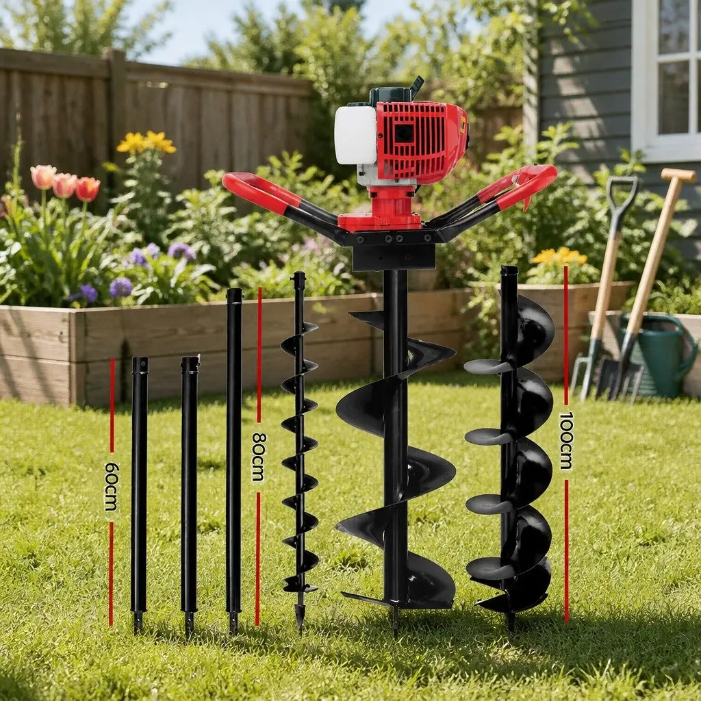Post Hole Digger 65cc Petrol Engine Auger Kit 100mm 200mm 300mm Extensions Red Black
