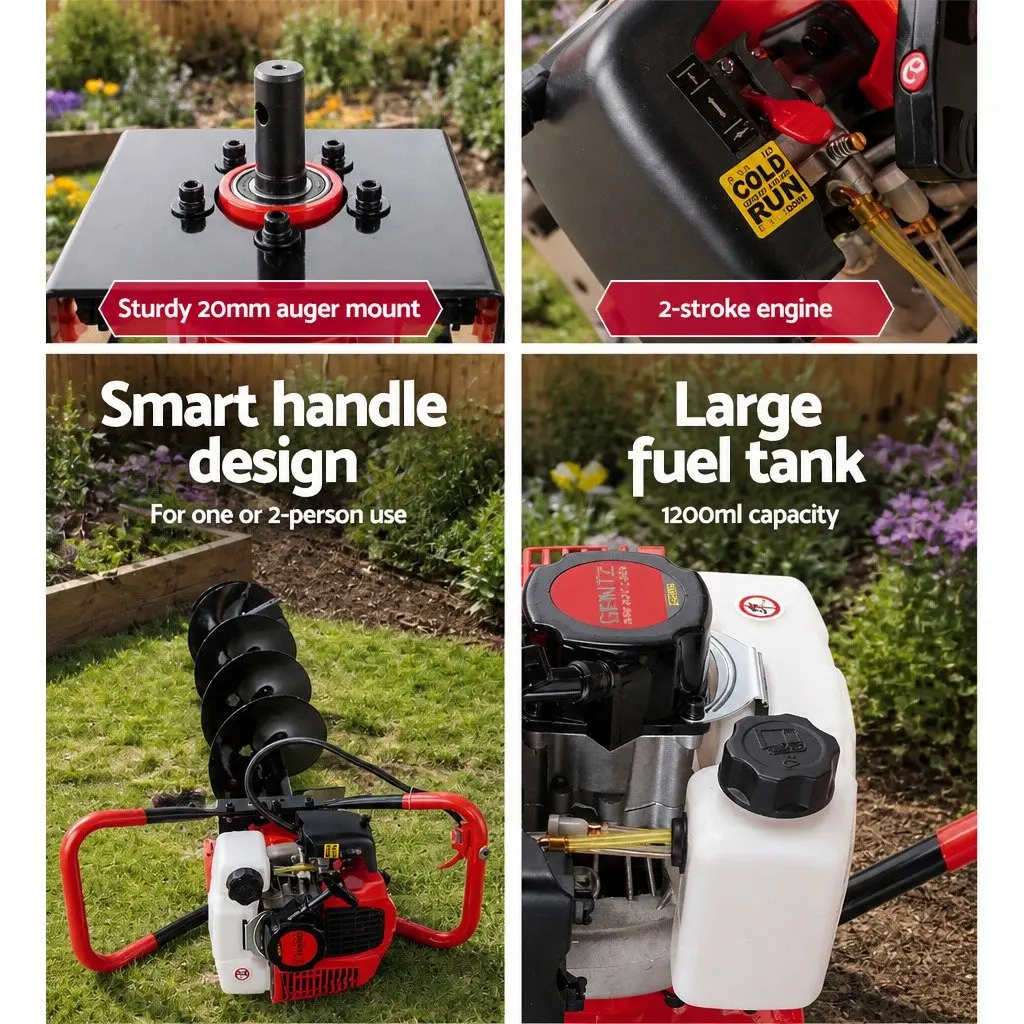Post Hole Digger 65cc Petrol Engine Auger Kit 100mm 200mm 300mm Extensions Red Black