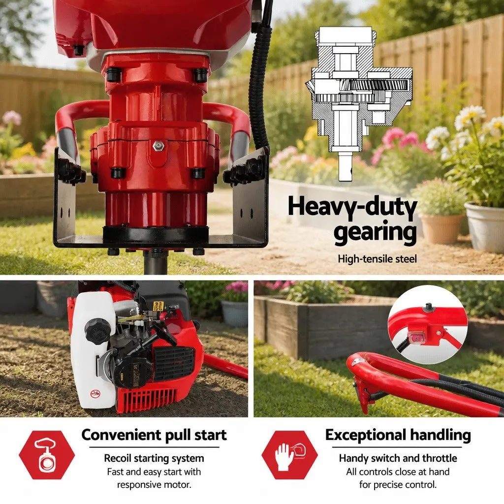 Post Hole Digger 65cc Petrol Engine Auger Kit 100mm 200mm 300mm Extensions Red Black