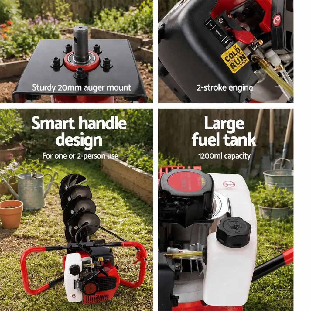Post Hole Digger 65cc Petrol Engine Auger Kit 100mm 200mm 300mm Extensions Red Black