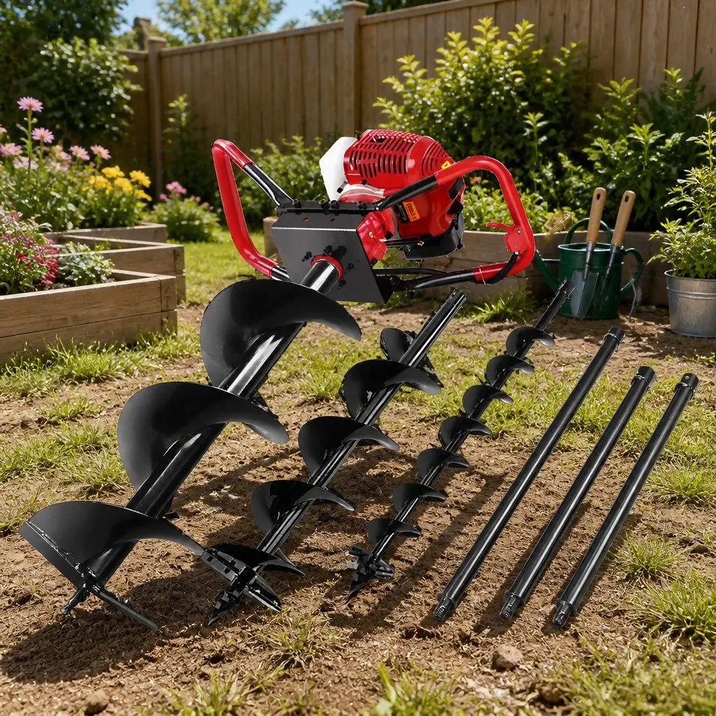 Post Hole Digger 65cc Petrol Engine Auger Kit 100mm 200mm 300mm Extensions Red Black