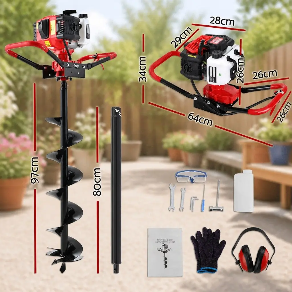 Post Hole Digger 200mm Petrol Auger Black Red