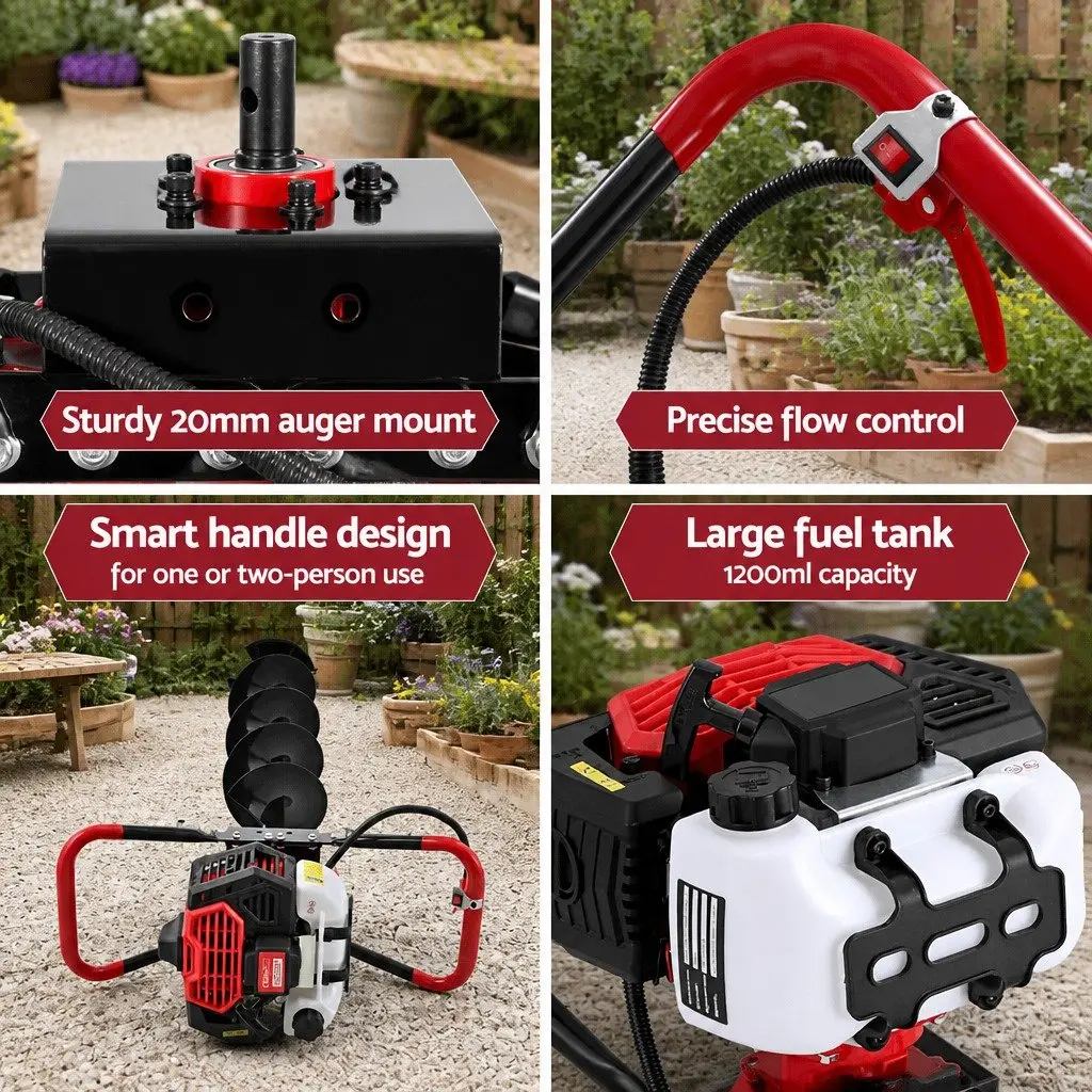 Post Hole Digger 200mm Petrol Auger Black Red