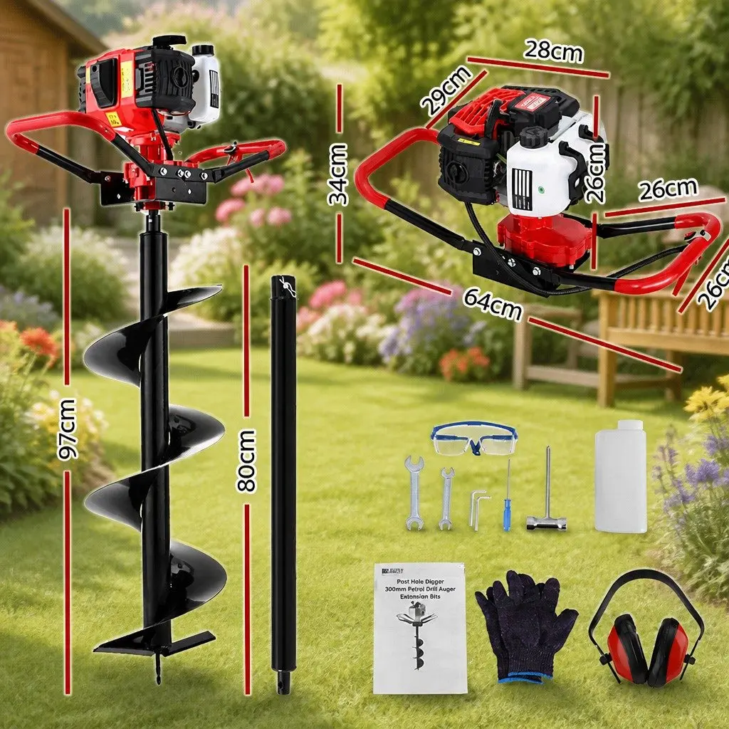 Post Hole Digger 300mm Auger Heavy Duty Steel 65cc Petrol Drill Black Red