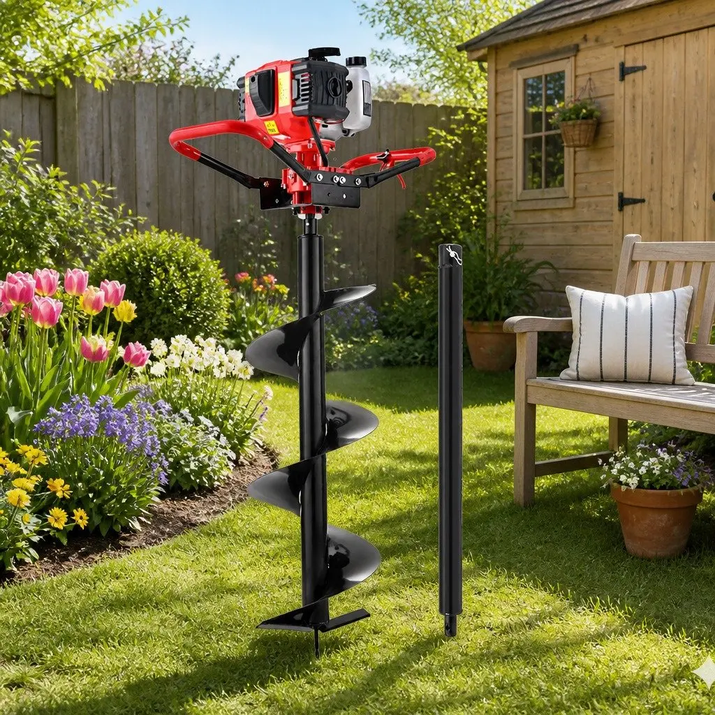 Post Hole Digger 300mm Auger Heavy Duty Steel 65cc Petrol Drill Black Red