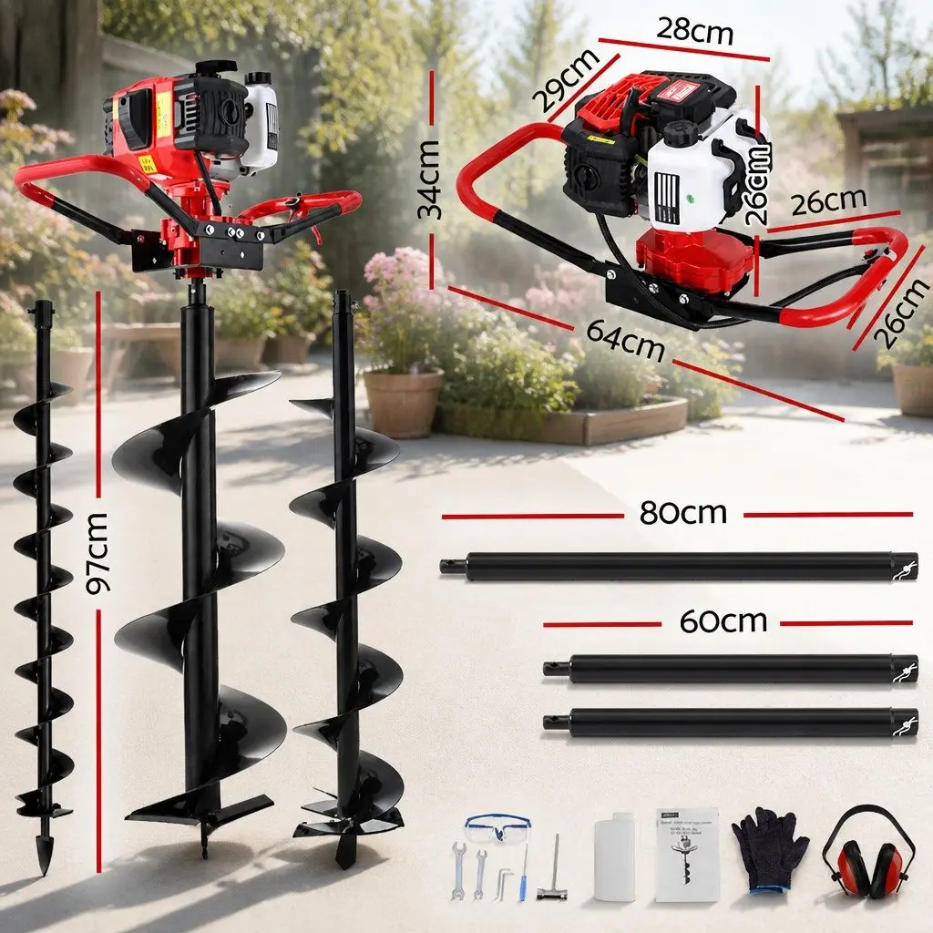 Post Hole Digger 65cc Petrol Engine Auger Drill Kit with Extensions and Bits