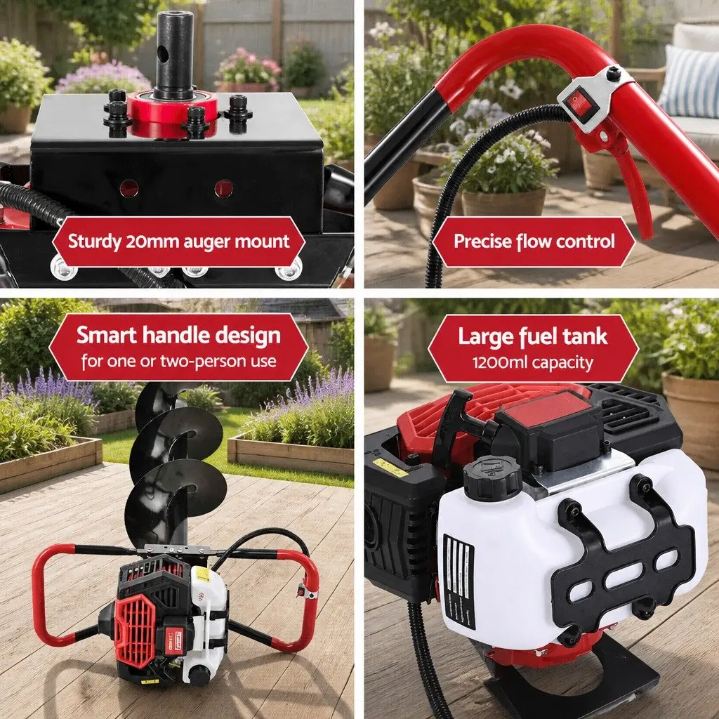Post Hole Digger 65cc Petrol Engine Auger Drill Kit with Extensions and Bits