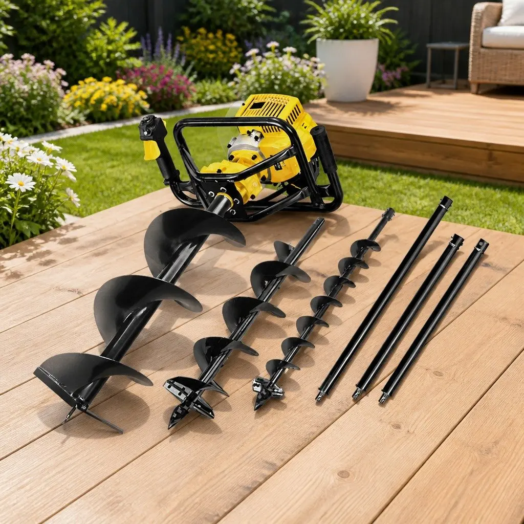Post Hole Digger Petrol Auger 65cc Engine Yellow Boring Tool with Extension Shafts and Interchangeable Auger Bits