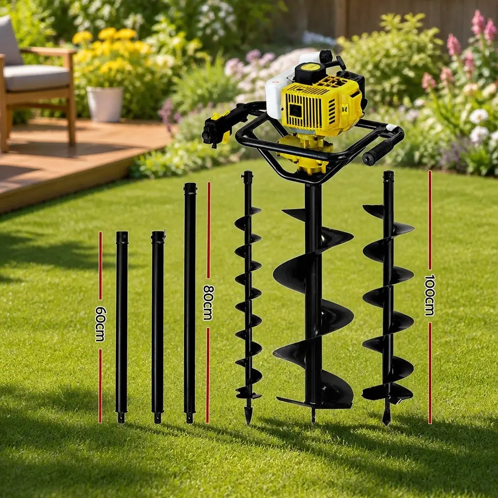 Post Hole Digger Petrol Auger 65cc Engine Yellow Boring Tool with Extension Shafts and Interchangeable Auger Bits