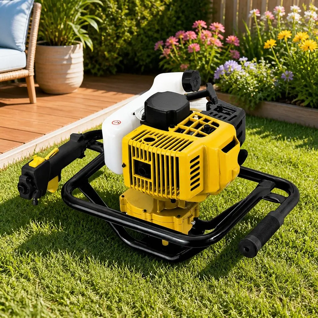 Post Hole Digger Petrol Auger 65cc Engine Yellow Boring Tool with Extension Shafts and Interchangeable Auger Bits