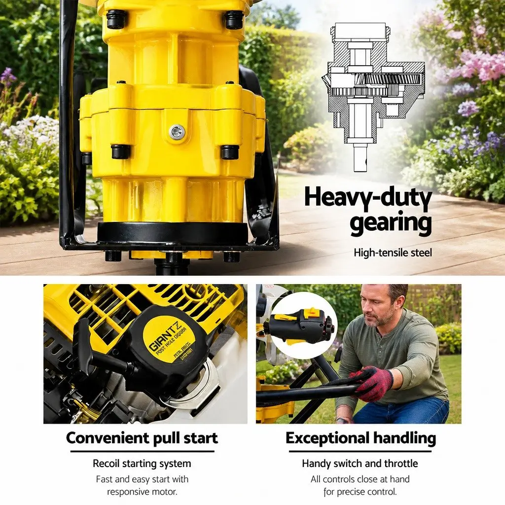 Post Hole Digger Petrol Auger 65cc Engine Yellow Boring Tool with Extension Shafts and Interchangeable Auger Bits
