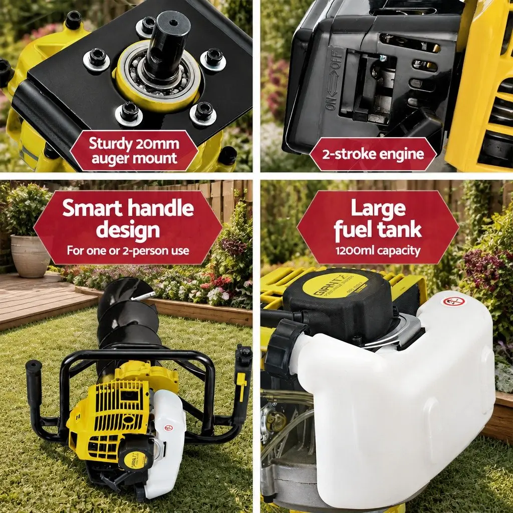 Post Hole Digger Petrol Auger 65cc Engine Yellow Boring Tool with Extension Shafts and Interchangeable Auger Bits