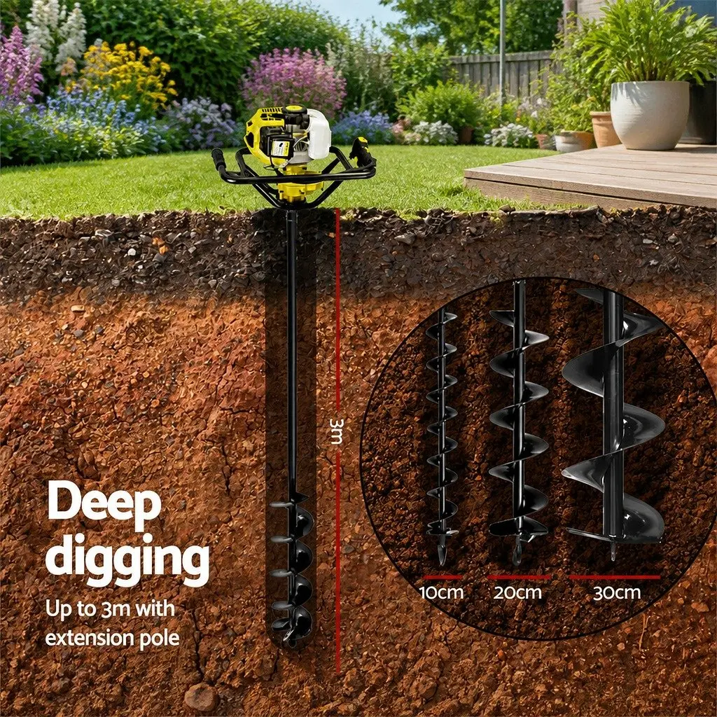 Post Hole Digger Petrol Auger 65cc Engine Yellow Boring Tool with Extension Shafts and Interchangeable Auger Bits