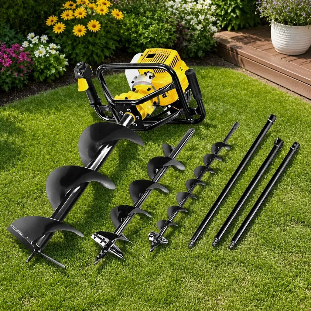 Post Hole Digger Petrol Auger 65cc Engine Yellow Boring Tool with Extension Shafts and Interchangeable Auger Bits
