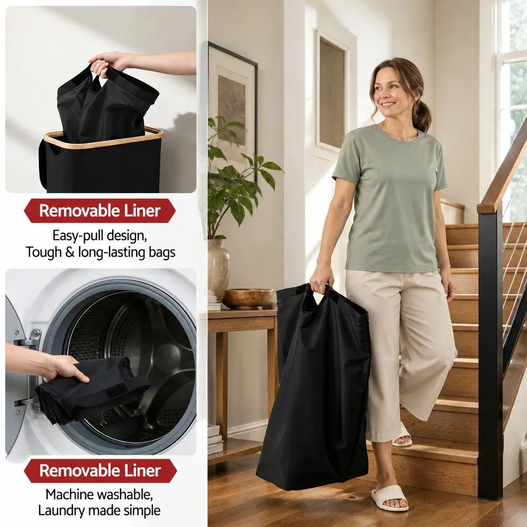 Laundry Basket Foldable Black Removable Mesh Bag 60L Storage Hamper Bedroom