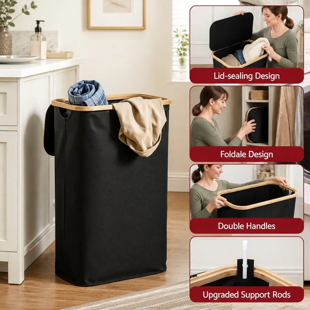 Laundry Basket Foldable Black Removable Mesh Bag 60L Storage Hamper Bedroom