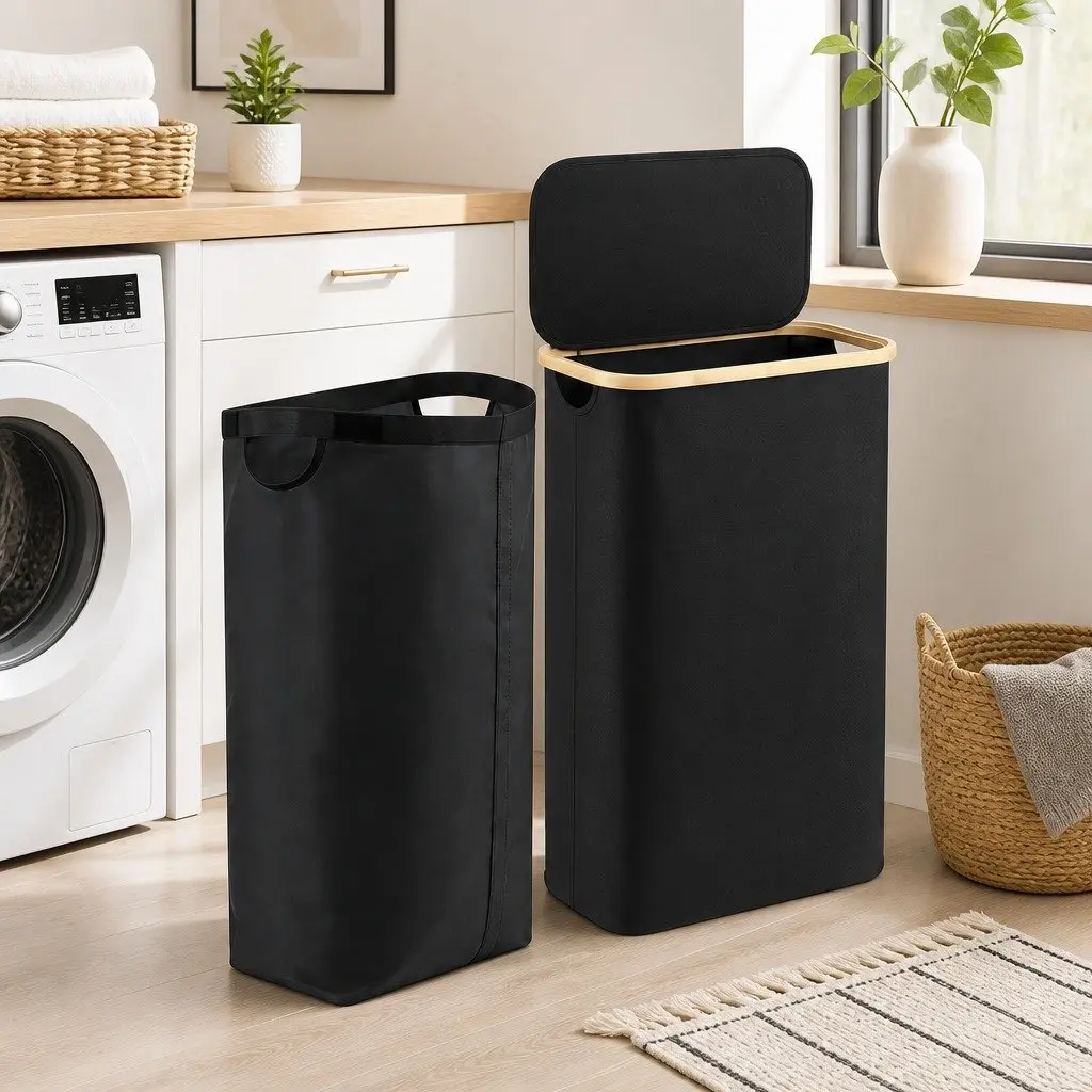 Laundry Basket Foldable Black Removable Mesh Bag 60L Storage Hamper Bedroom