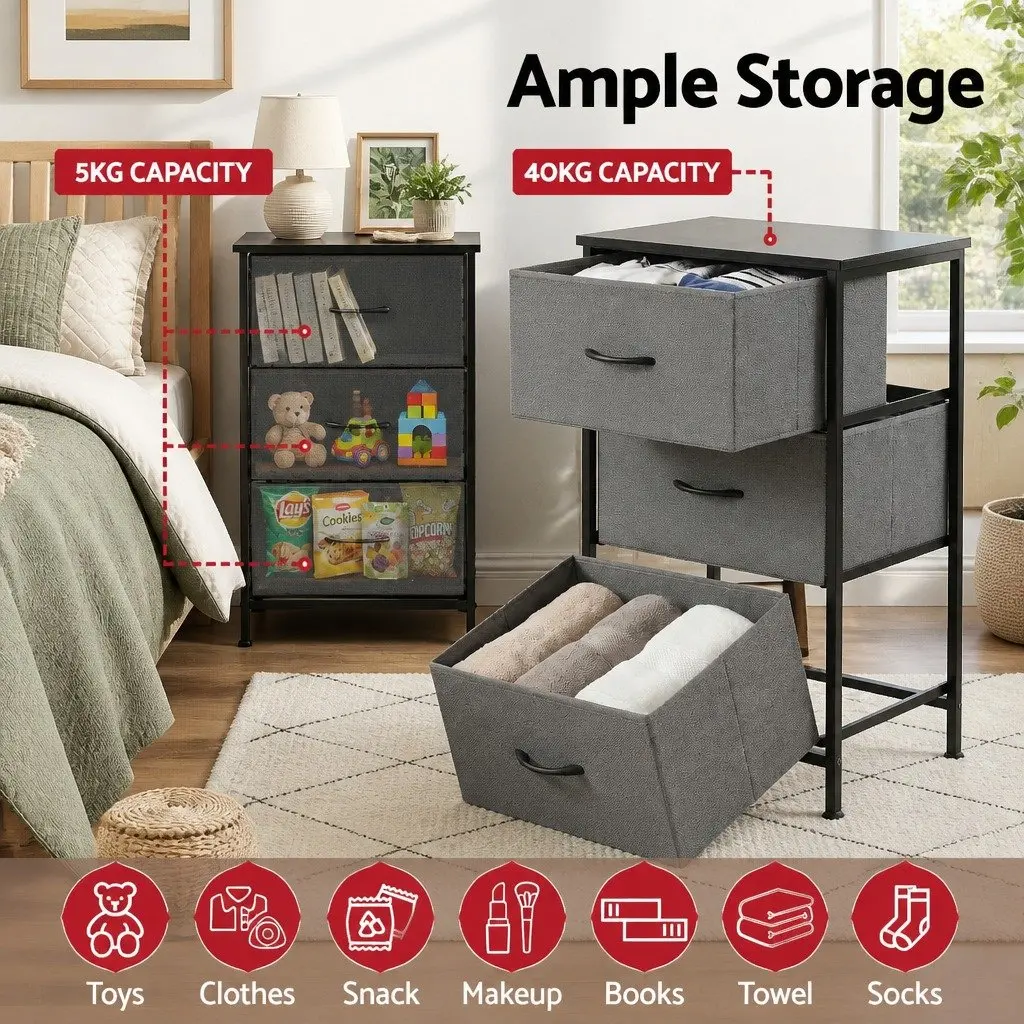 Chest of Drawers Storage Dresser 3 Drawer Bedroom Tallboy Black Set of 2