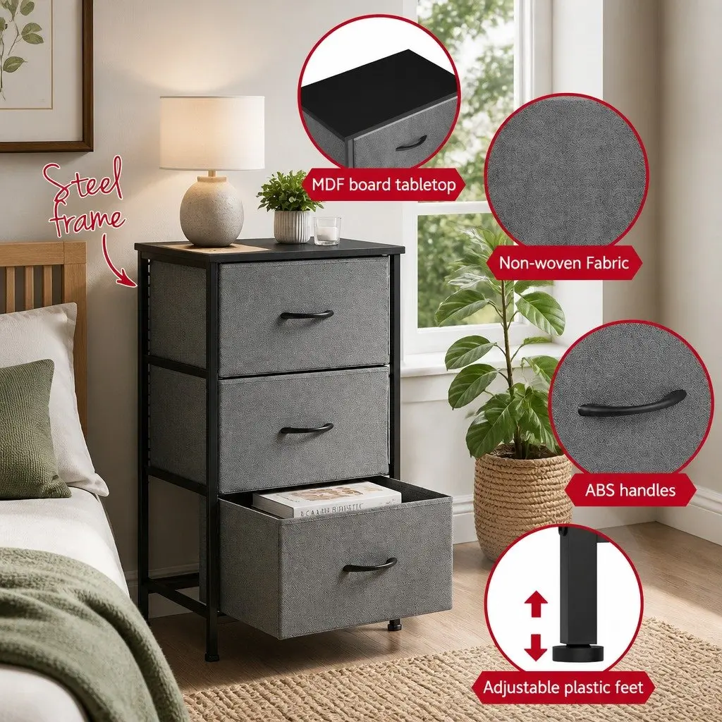 Chest of Drawers Storage Dresser 3 Drawer Bedroom Tallboy Black Set of 2