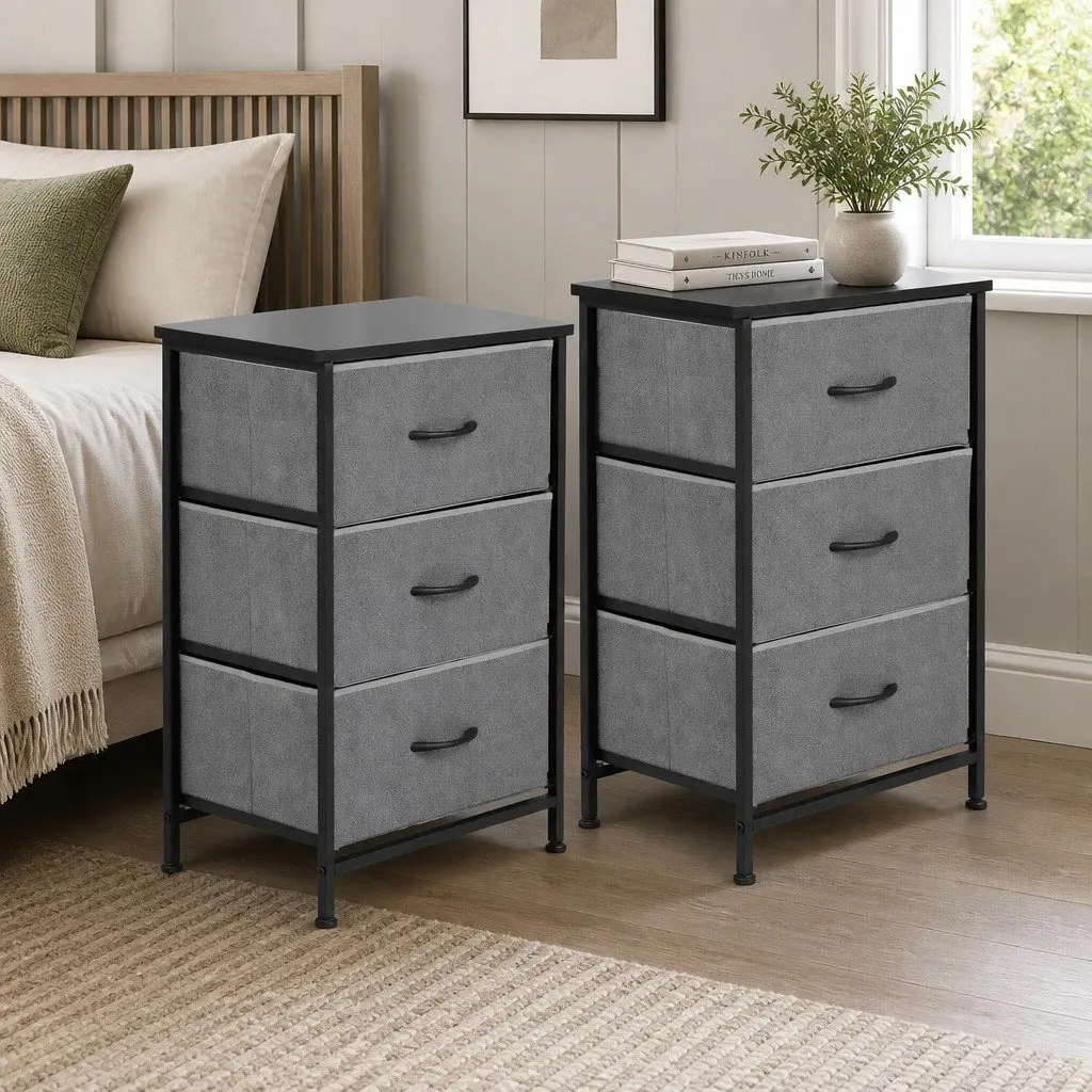 Chest of Drawers Storage Dresser 3 Drawer Bedroom Tallboy Black Set of 2