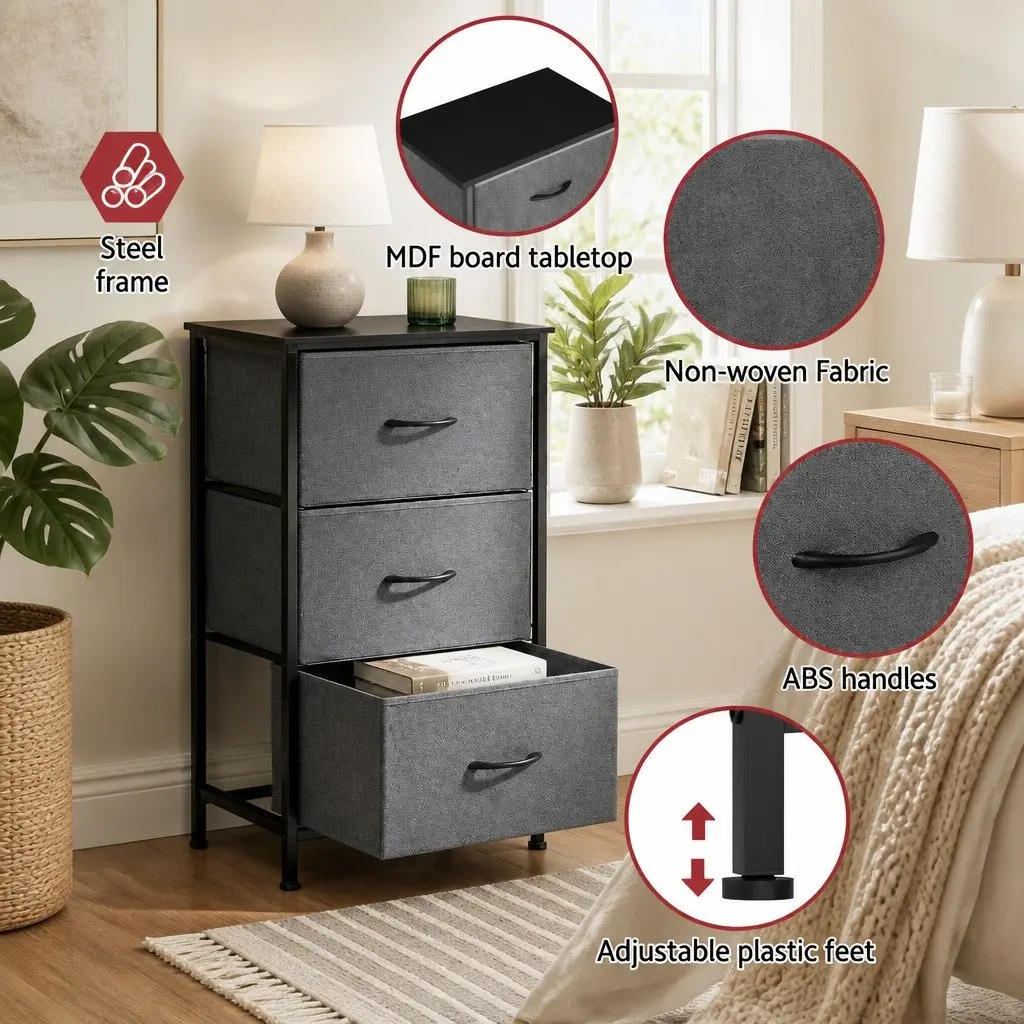 Chest of Drawers Storage Organizer 3 Drawer Grey MDF Metal Frame