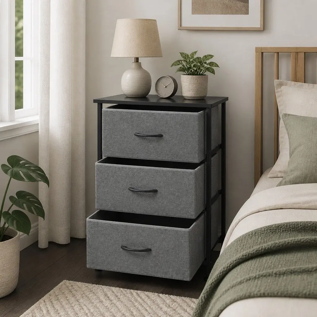 Chest of Drawers Storage Organizer 3 Drawer Grey MDF Metal Frame