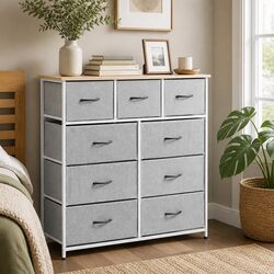 Warm and Practical 9 Drawer Tallboy Dresser in Light Grey