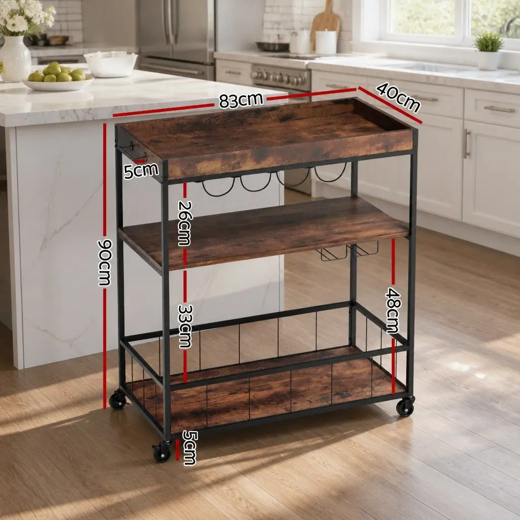 Mobile Kitchen Island Rolling Serving Cart Three-Tier Storage Trolley Walnut