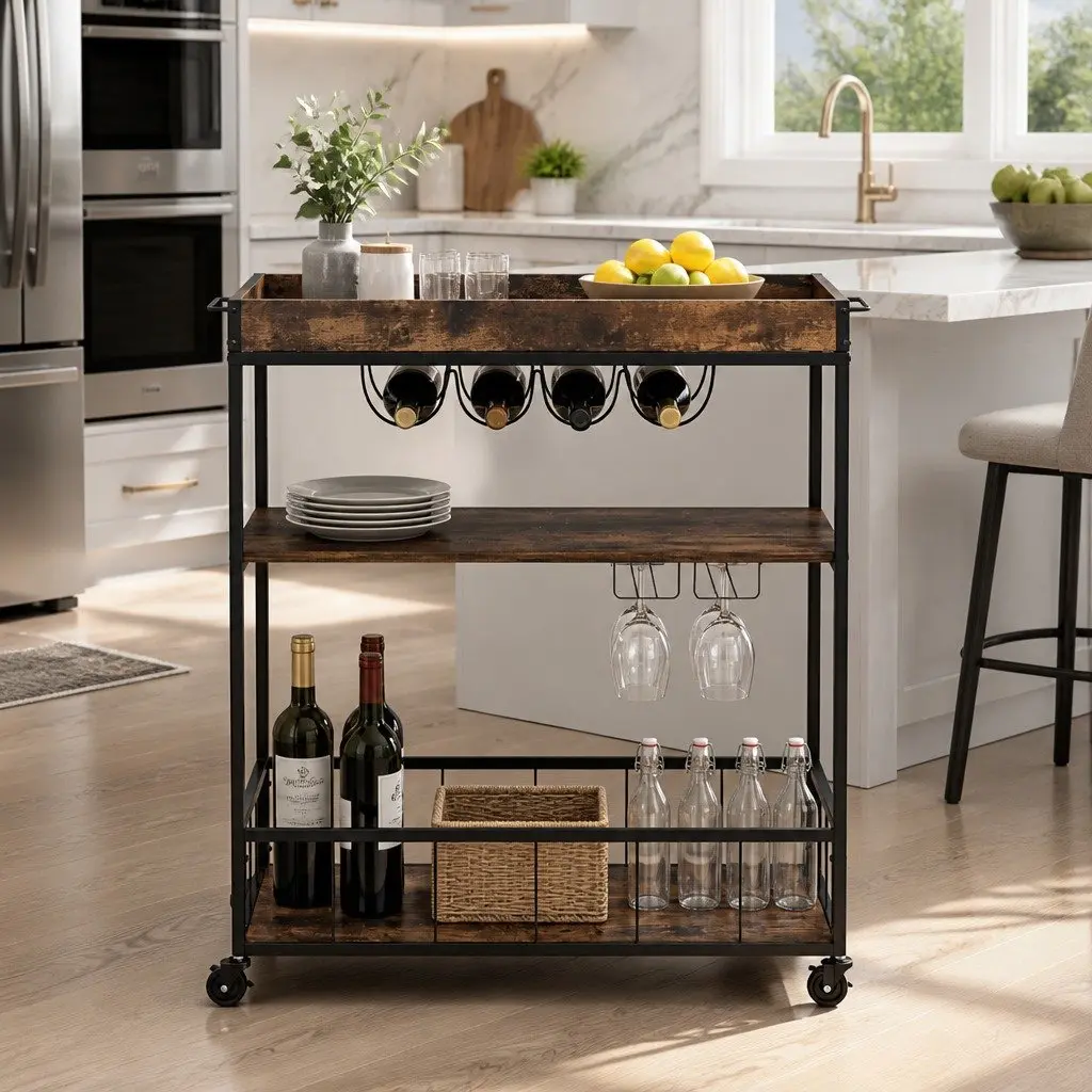 Mobile Kitchen Island Rolling Serving Cart Three-Tier Storage Trolley Walnut