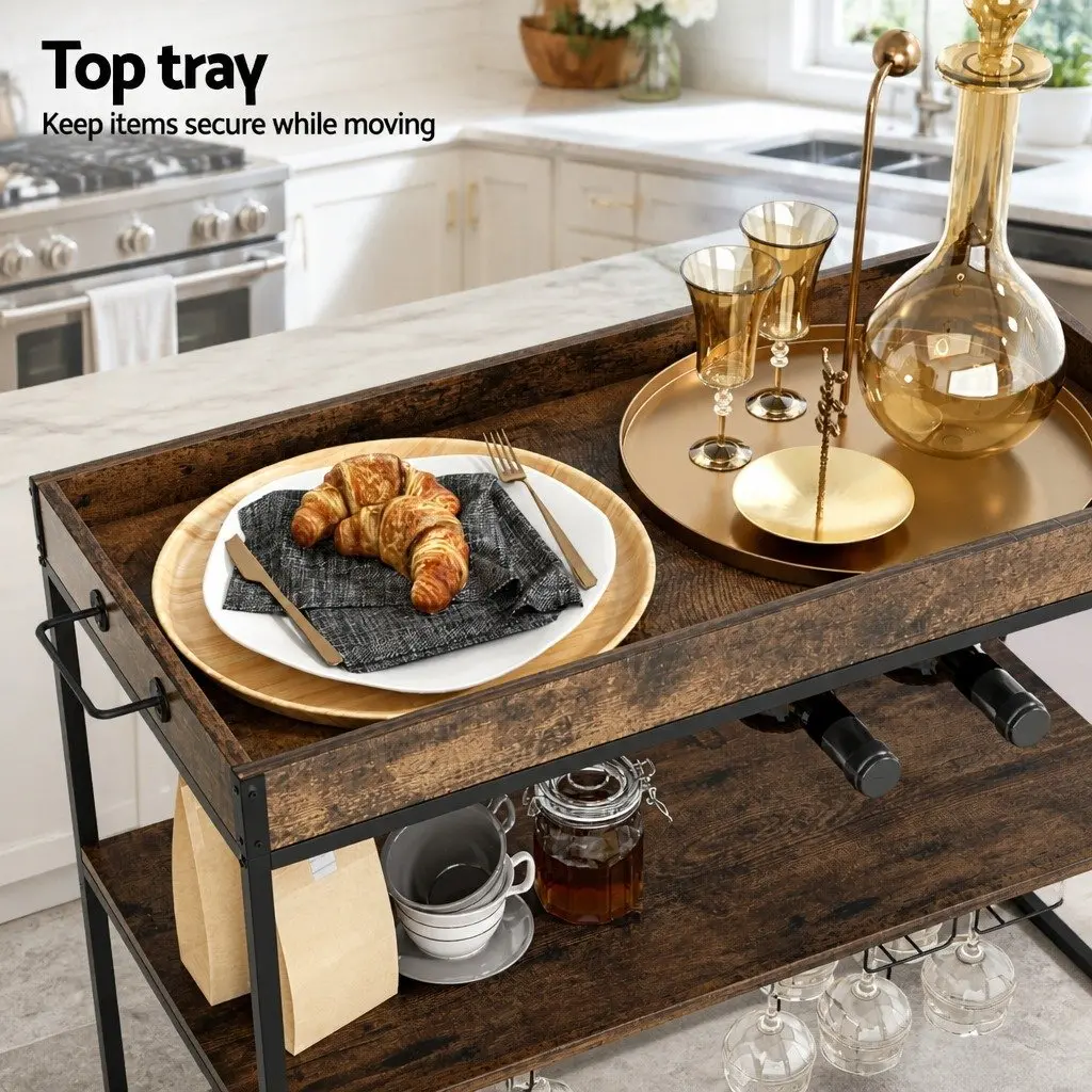 Mobile Kitchen Island Rolling Serving Cart Three-Tier Storage Trolley Walnut