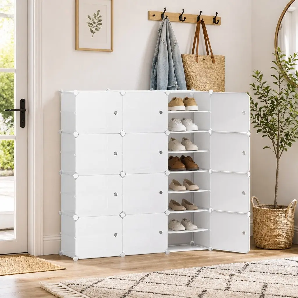 Shoe Rack Storage Cube 12 Unit Stackable Organizer White DIY Cabinet System