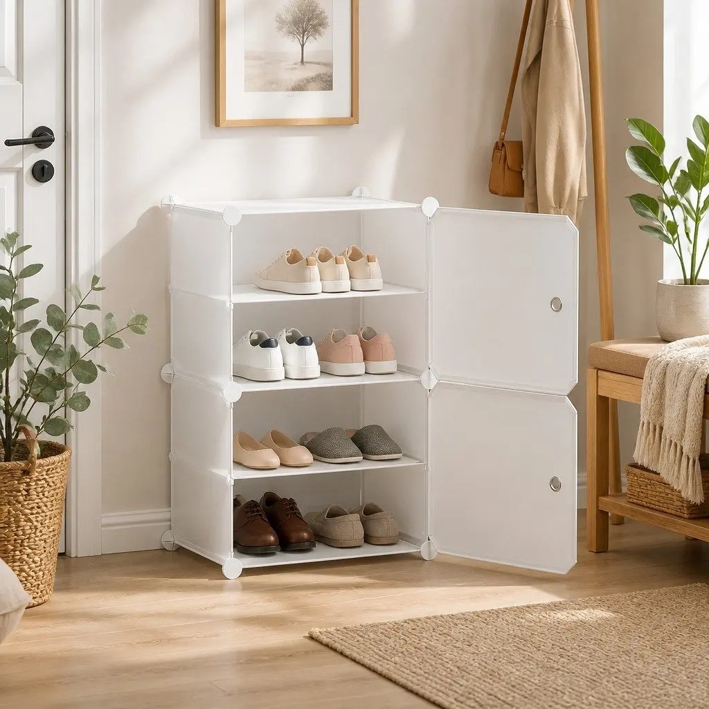 Shoe Storage Rack Stackable Set of 2 White Organizer Cabinet 40x30x62cm