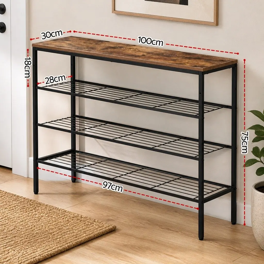 Shoe Rack 4 Tier Storage Organiser Open Shelves Hallway Entryway Walnut and Black