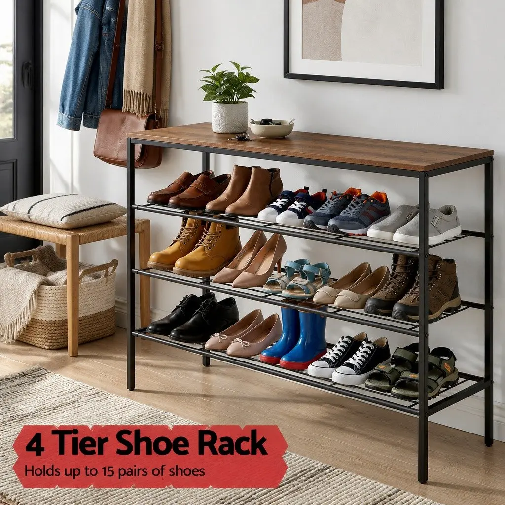 Shoe Rack 4 Tier Storage Organiser Open Shelves Hallway Entryway Walnut and Black
