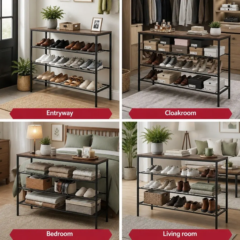 Shoe Rack 4 Tier Storage Organiser Open Shelves Hallway Entryway Walnut and Black