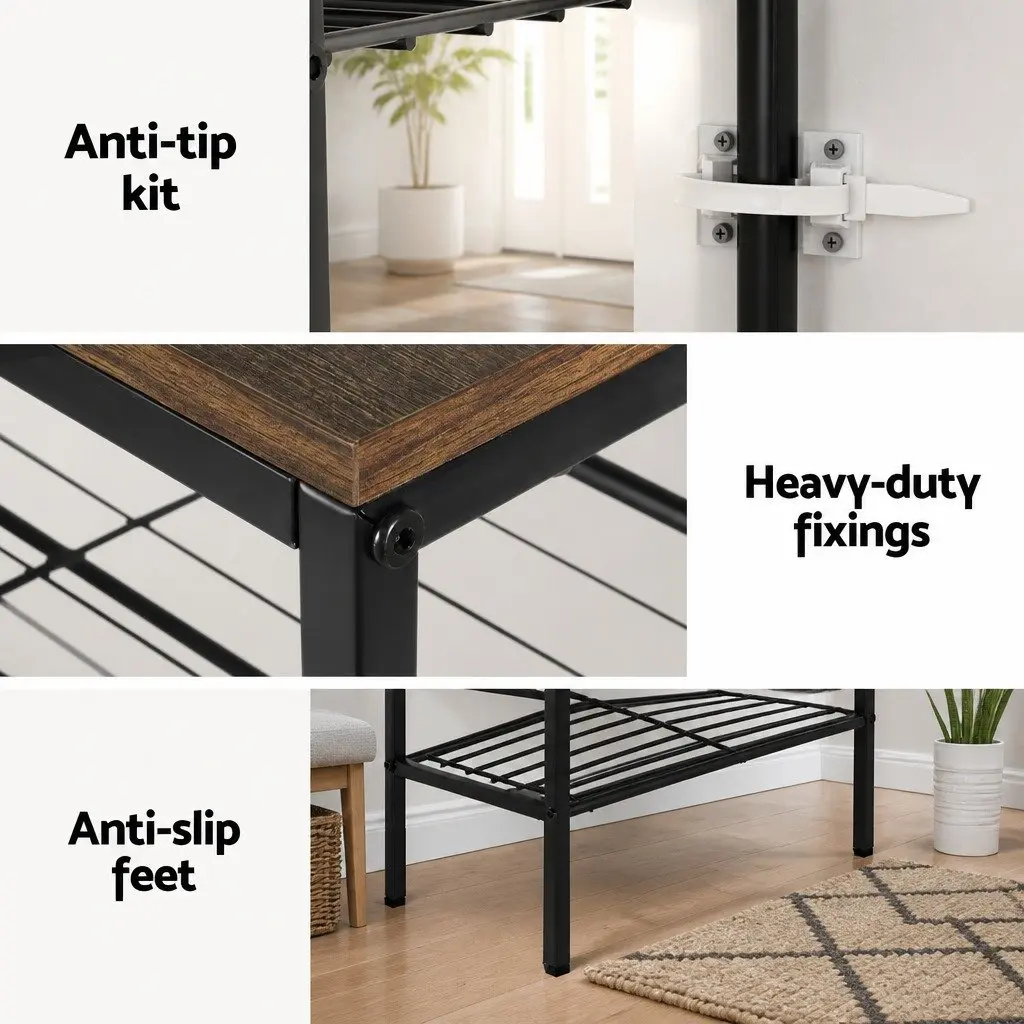 5-Tier Shoe Rack Storage Organizer Open Shelves Metal Frame Wood Walnut Black