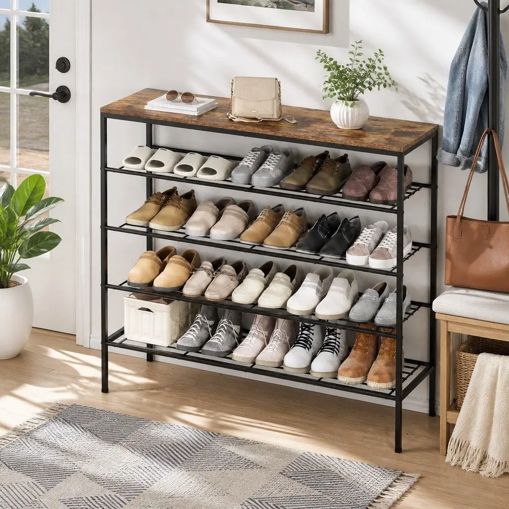 5-Tier Shoe Rack Storage Organizer Open Shelves Metal Frame Wood Walnut Black