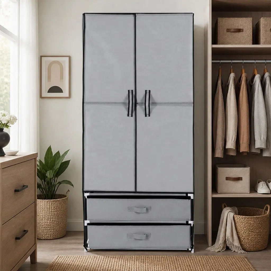 Portable Wardrobe Grey Clothes Storage Organizer with Drawers 75x42x160cm