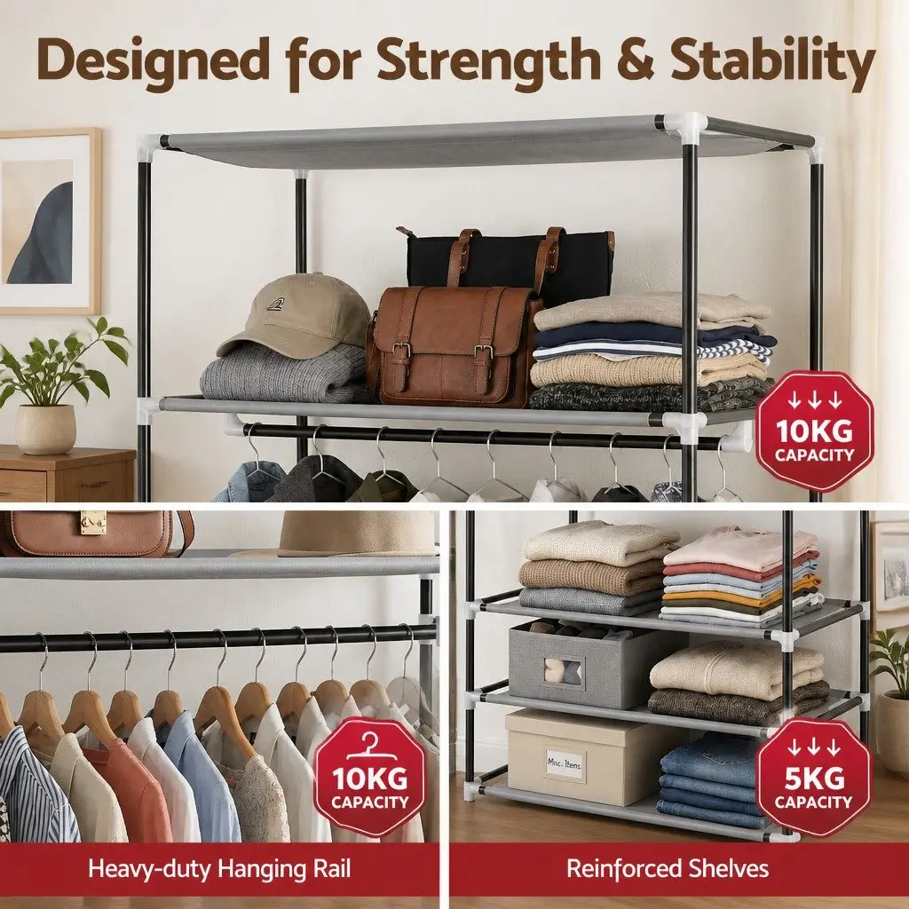Portable Wardrobe Grey Clothes Storage Organizer with Drawers 75x42x160cm